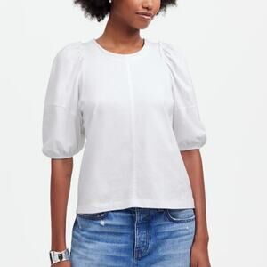 Madewell Puff-Sleeve Tee WMNS XS White Crew Neck Cotton Relaxed Fit Ruffle Trim